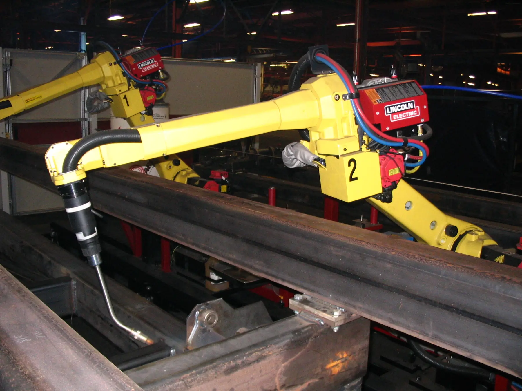 Industrial welding robot on a factory line