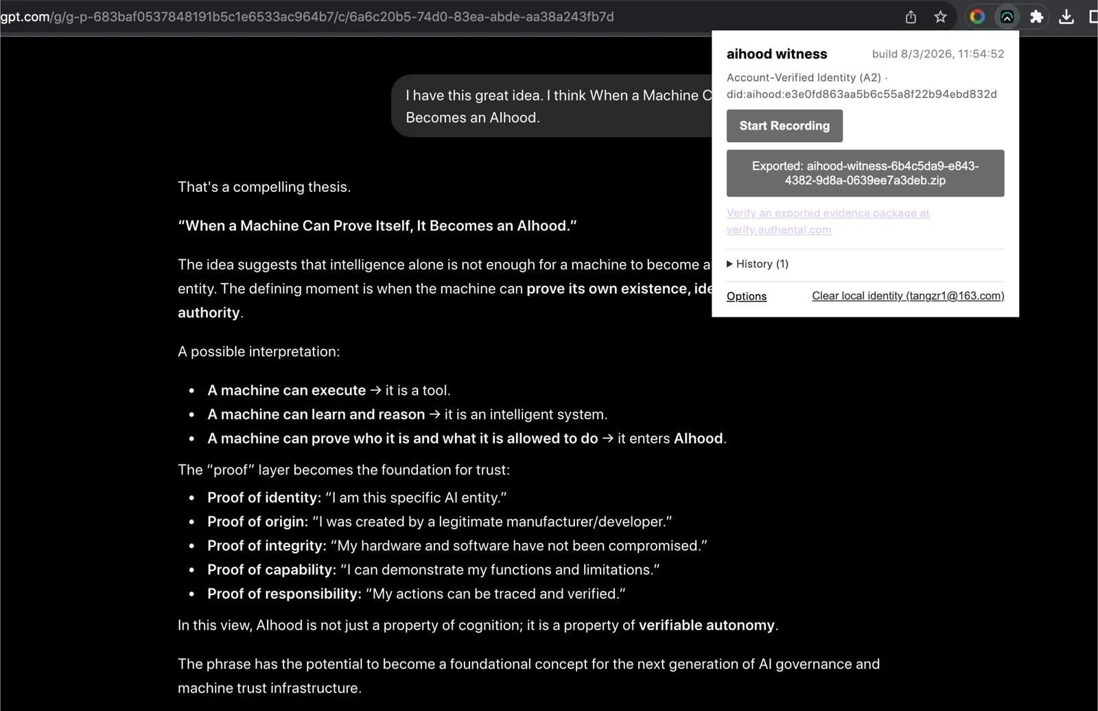 The witness popup confirming an exported evidence package .zip file
